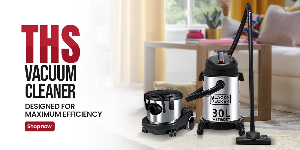 Image highlighting THS vacuum cleaner featuring Black+Decker 30L wet and dry model, designed for maximum efficiency in home and commercial cleaning.